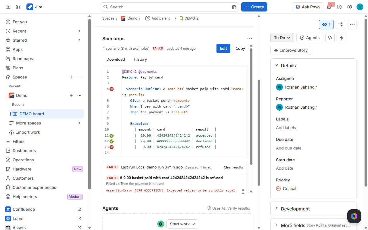 Gherkit issue panel on a Jira issue, showing a feature with green and red scenario result markers and the last-run box